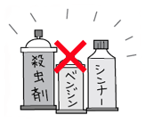 殺虫剤、ベンジン、シンナーなど揮発性のものをご使用にならないでください。