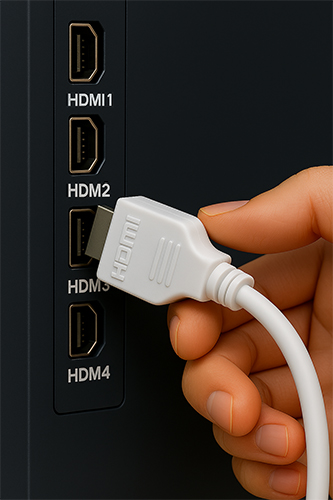 HDMIケーブルを本機背面若しくは側面のHDMI端子1から4に刺す状態画像