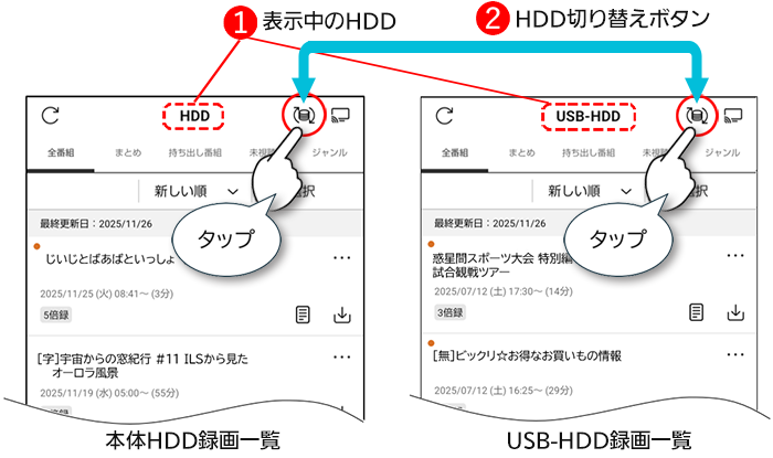 USB-HDDと本体HDDの切り替え