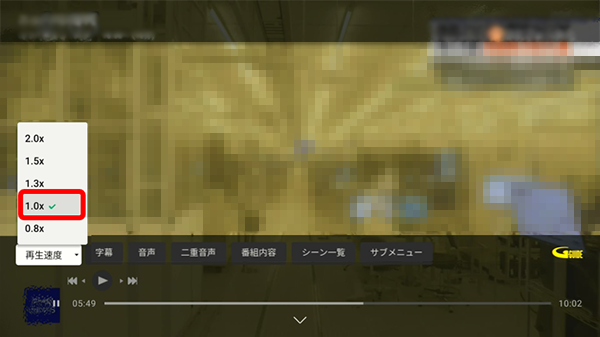 再生速度の選択肢が表示され、現在の1.0倍速が選択されている状態画像