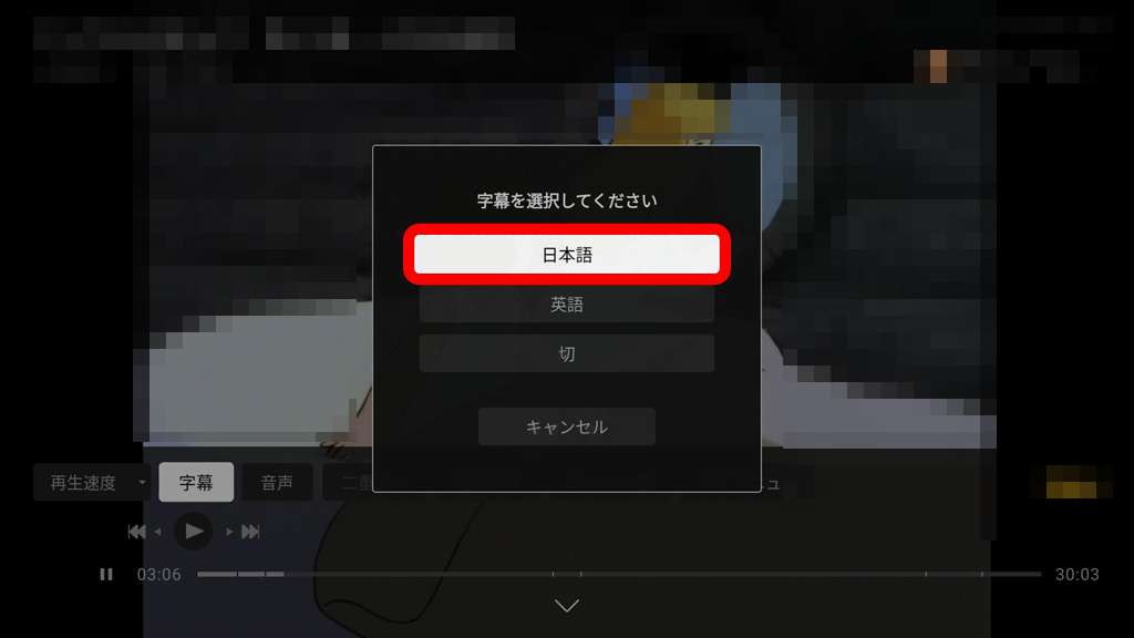 字幕の選択肢が表示され、「日本語」がまえもって選択されている状態画像