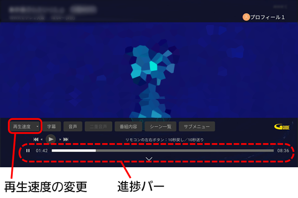 再生進捗バーにカーソルを合わせ、リモコンの左右ボタンで操作